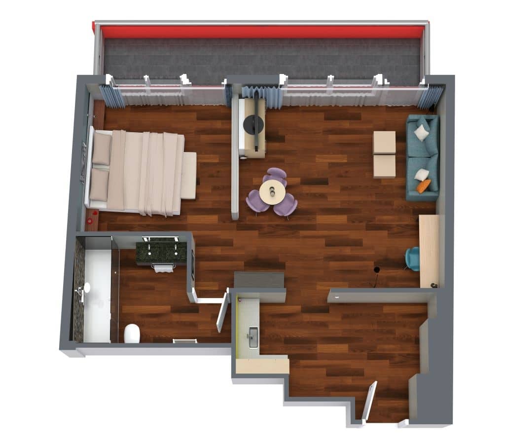 3D-Floorplan Der Junior Suite – Dein Raum Auf Einen Blick 3D-Floorplan Der Junior Suite Im Hotel Lyskirchen – Übersicht Der Raumaufteilung Und Ausstattung.
